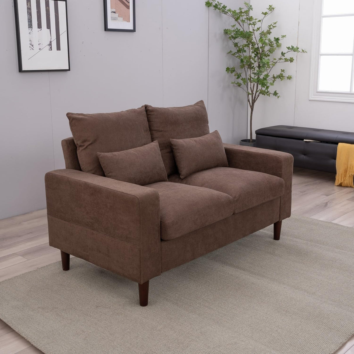 Panana Modern Sofa 54.5" Loveseat Couch with Cushion Back and Arms, 2 Seater Sold Wood Legs Sofa (Brown Linen, Track arm) Panana