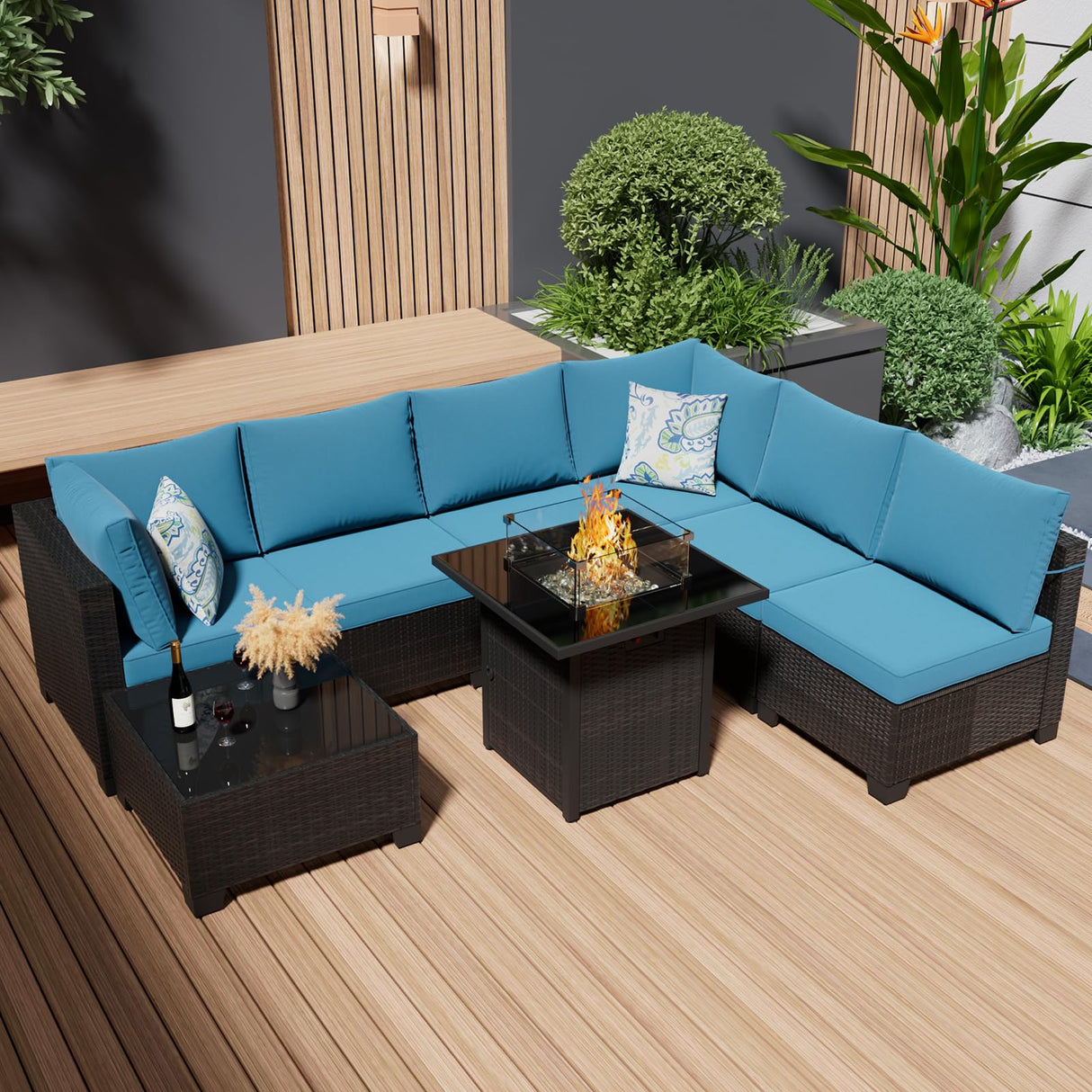 Ophelian 8 Piece Patio Furniture Set with Fire Pit Table, Wicker Outdoor Sectional Sofa Set with Thick Anti-Slip Chusions, Patio Conversation Sets for Backyard, Garden, Deck (Brown/Peacock Blue) Ophelian