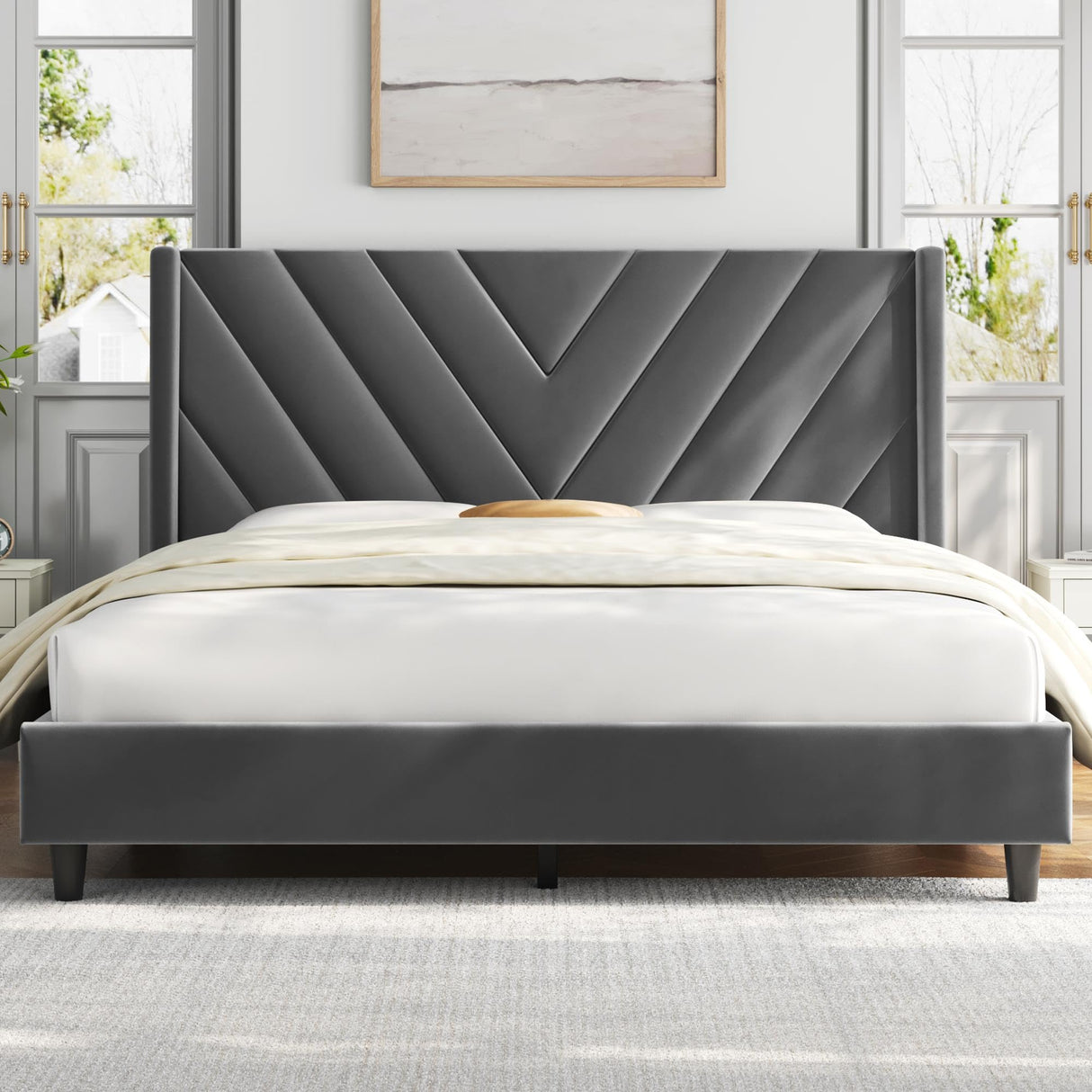 Upholstered Full Bed Frame with Winged Tufted Headboard in Dark Gray by Yaheetech Yaheetech