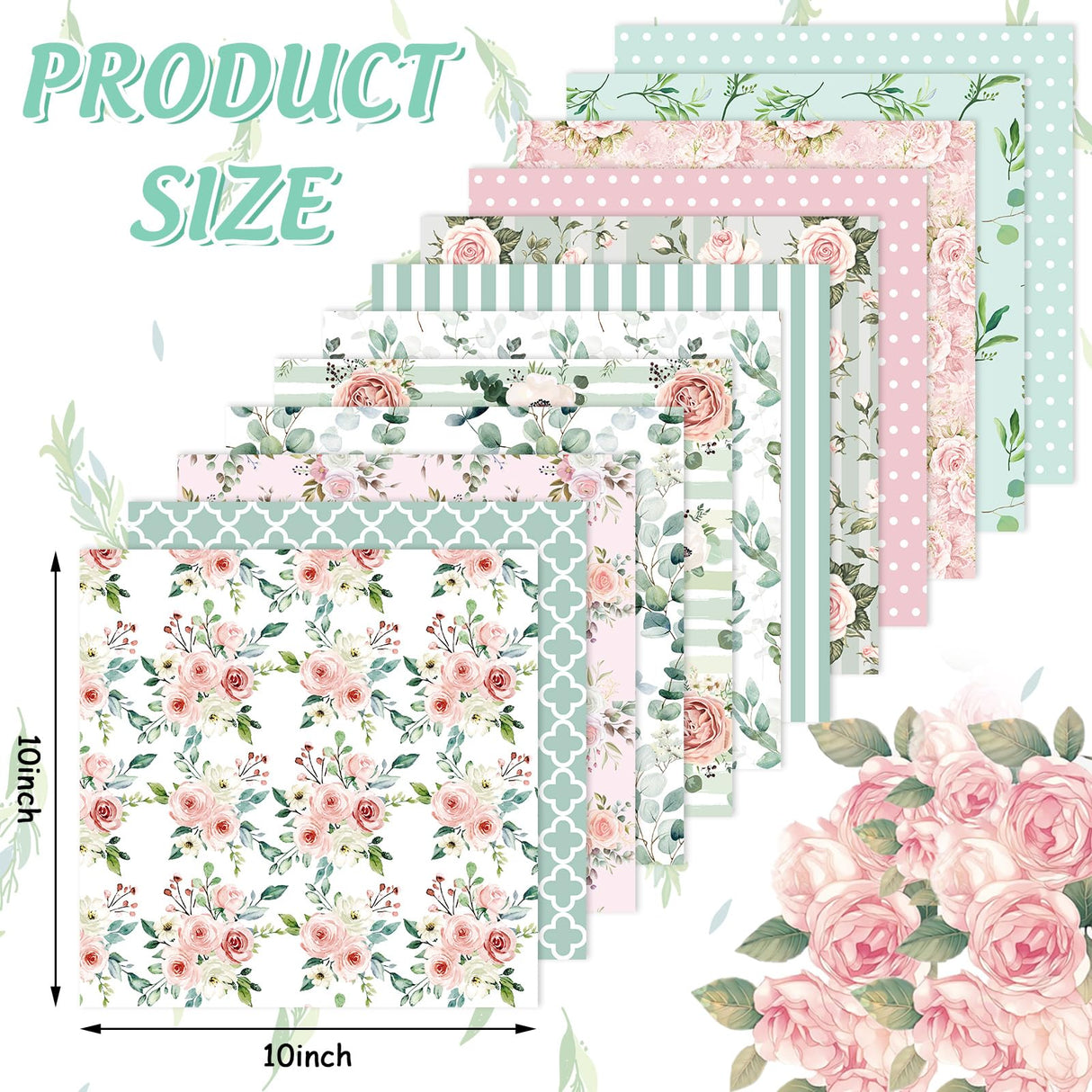 Whaline 12Pcs Floral Cotton Fabric Bundles 10 x 10 Inch Floral Greenery Printed Fat Quarters Pink Green Retro Quilting Patchwork for Spring DIY Handmade Crafting Home Party Decor Whaline