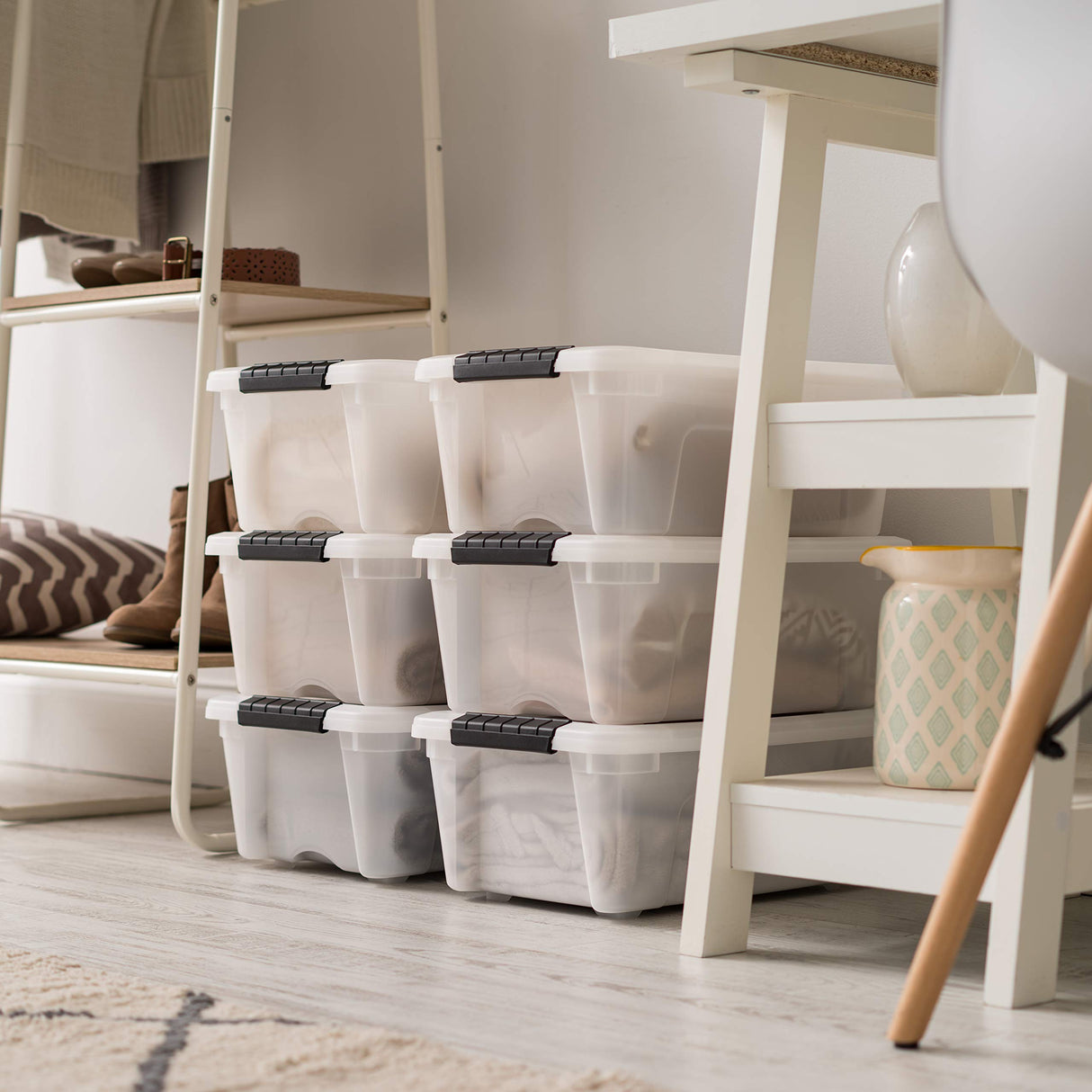 IRIS USA 13 Qt Stackable Plastic Storage Bins with Lids, 6 Pack - BPA-Free, Made in USA - Discreet Organizing Solution, Latches, Durable Nestable Containers, Secure Pull Handle - Pearl Iris Ohyama