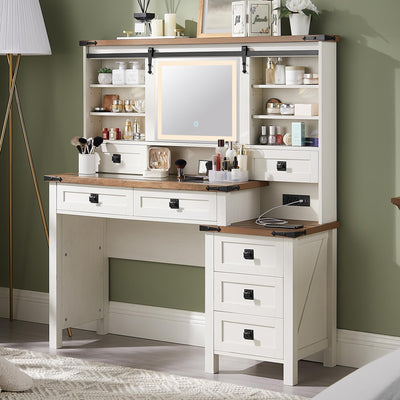 T4TREAM 48'' Farmhouse Makeup Vanity Desk with Sliding HD Mirror and Lights, Big Modern Lighted Vanity Table with 7 Drawers & Shelves, Rustic Large Dressing Table, Antique White