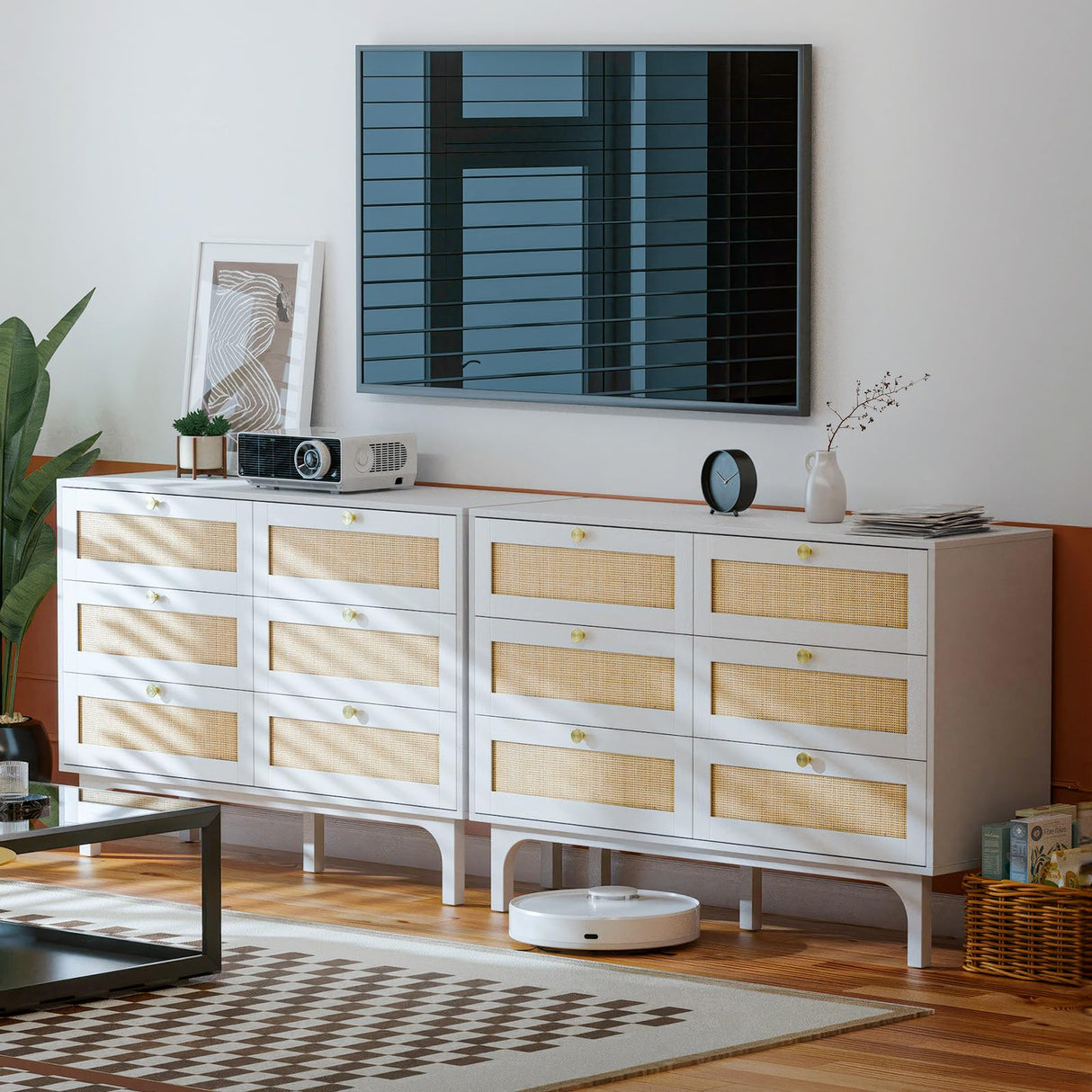 VINGLI Rattan Dresser, 6 Drawer Dresser for Bedroom, Modern Dresser with Gold Handles, Long Dresser with Large Drawers, Boho Dresser TV Stand, Wood Chest of Drawers for Kids Room, Living Room (White) VINGLI