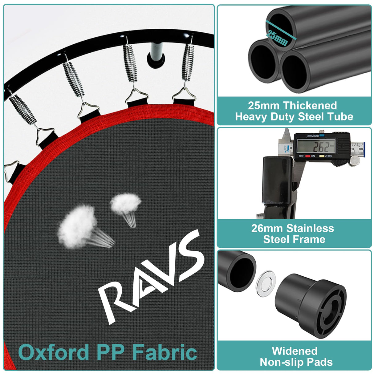 RAVS Mini Trampoline for Kids Adults 40"/48" Foldable Fitness Rebounder Kids Trampoline with 5 Levels Height Adjustable Handle Resistance Bands Indoor Workout RAVS