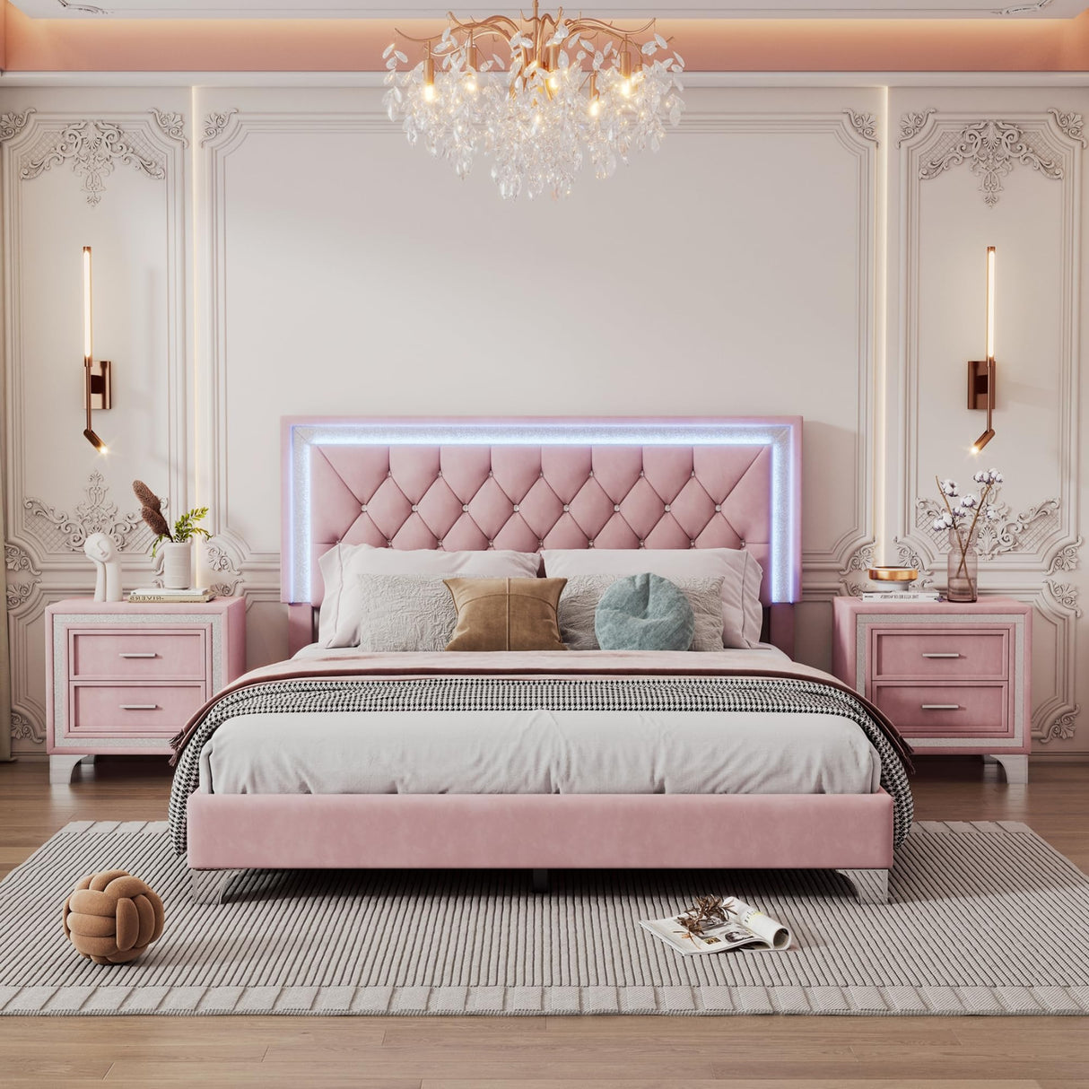 Flieks 3-Piece Pink Bedroom Set with Queen Upholstered Platform Bed and LED Lights, Including 2 Nightstands Flieks