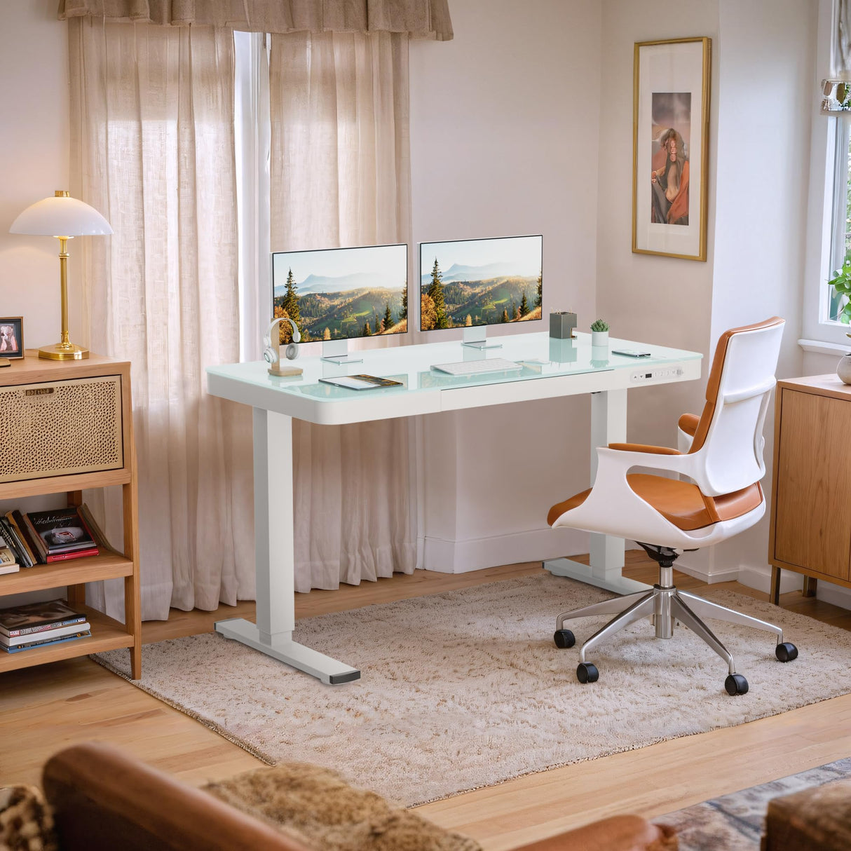 Furmax Glass Standing Desk with Drawer 48 x 24 Inch Adjustable Height Stand up Desk One-Piece Board Pre-Assembled Home Office Computer Desk with USB Ports, Glass Top Furmax