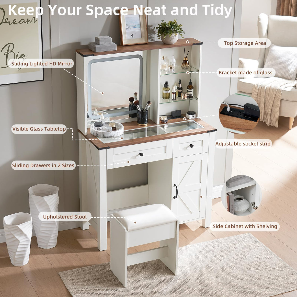 Vanity Desk with Mirror and Lights, Makeup Vanity Desk with Charging Station, Farmhouse Makeup Desk with 3 Adjustable Lighting Modes, Bedroom Vanity for Girls, Women GAMTUE