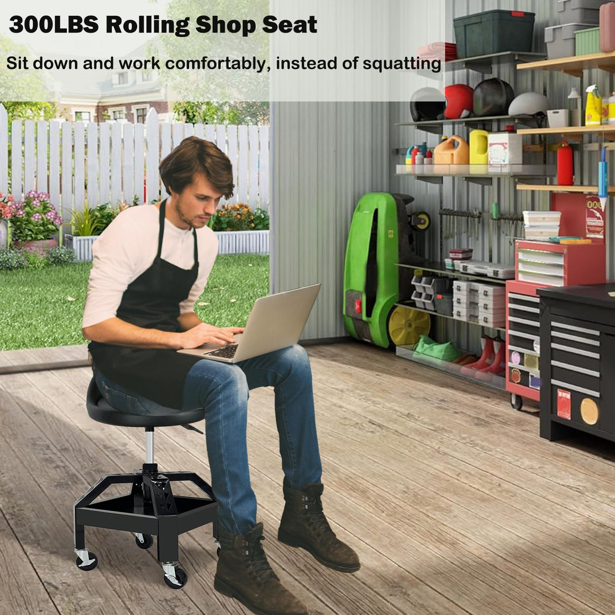 RCIACRHT Rolling Garage Shop Seat,Garage Stool with Wheels,Heavy Duty Mechanic Stool 350 Lbs Capacity Storage with Tool Tray,Lockable 360°Wheels,Adjustable Heigh Workshop Stool RCIACRHT