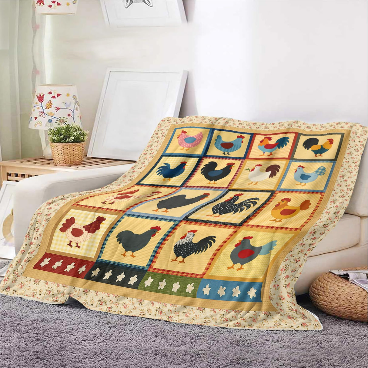 Rustic Country Chicken Throw Blanket β Farmhouse Rooster Hen Patchwork Design Quilt Blanket for Couch, Bed, Sofa β Soft Lightweight Fleece Throw for Farmers, Chicken Lovers (51.1 * 59inch) YunTu