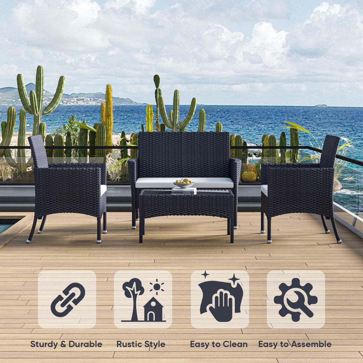 XZHQHB Outdoor Furniture Set of 4 Pieces with PE Waterproof Rattan Tempered Glass Table and Thick Cushions Suitable for Gardens Porches Terraces and Balconies Easy to Assemble Black and Beige XZHQHB