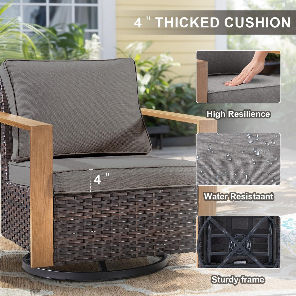 6 Piece Outdoor Patio Furniture Set with Propane Fire Pit Table, Wicker Patio Conversation Set with 2 Swivel Rocker Chairs Rattan Sofa and Removable 4" Thick Cushions for Deck Backyard Belord