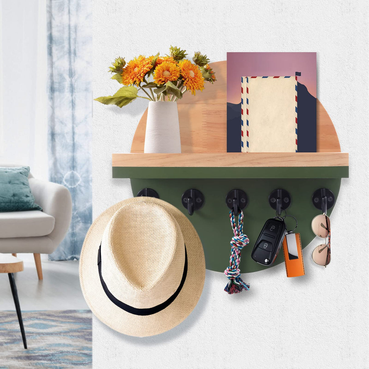 CRAKTH Key and Mail Holder for Wall Decorative, Wooden Boho Key Hanger with Shelf, Unique Two-Tone Circular Design Entryway Key Rack - Brown & Green CRAKTH