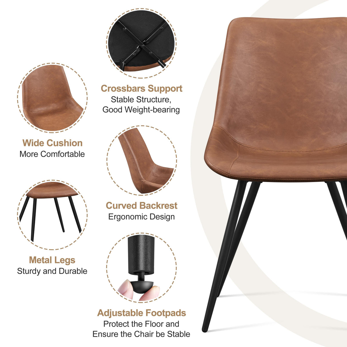 Yaheetech Dining Chairs Set of 2 Upholstered Modern Dining Room Chairs Mid Century Faux Leather Kitchen Chairs with Metal Legs for Dining Room Kitchen, Brown Yaheetech