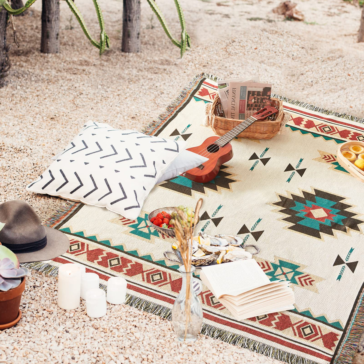 Touchat Native American Blanket Western Decor Boho Throw Blanket for Sofa, Mexican Decorative Farmhouse Blanket, Southwest Decor Woven Blankets, Aztec Throw Blankets with Tassel(Beige,50×60 inch) Touchat