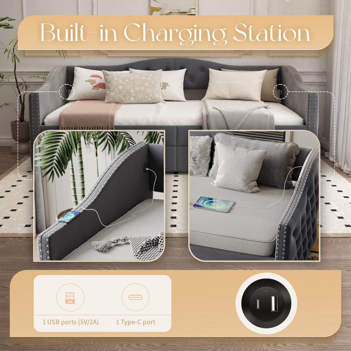 Daybed with Storage Drawers, Twin Size Velvet Upholstered Sofa Bedframe w/USB Port, Button Tufted Backrest and Nailhead Design Daybeds for Bedroom, No Box Spring Needed (Dark Grey, Twin w/Drawers) HMYFGD