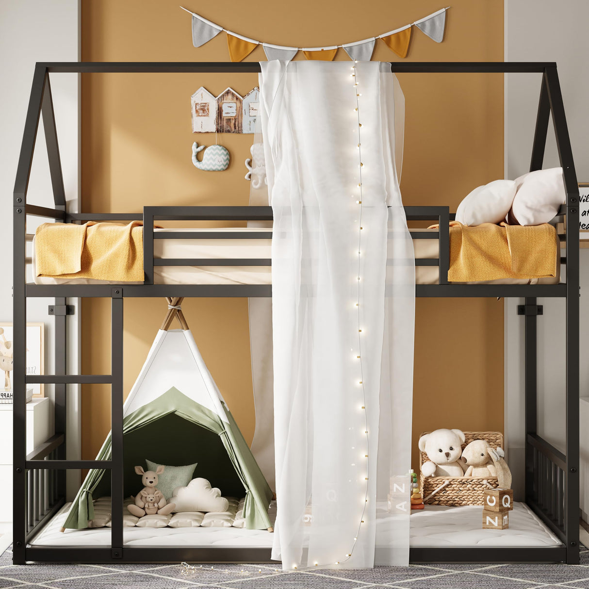 LIKIMIO Bunk Bed Twin XL Over Twin XL, Metal Bunk Bed Frame with Ladder and Guardrail, House Shaped with Metal Slats for Dormitory and Bedroom, Space Saving, No Box Spring Needed, Black LIKIMIO