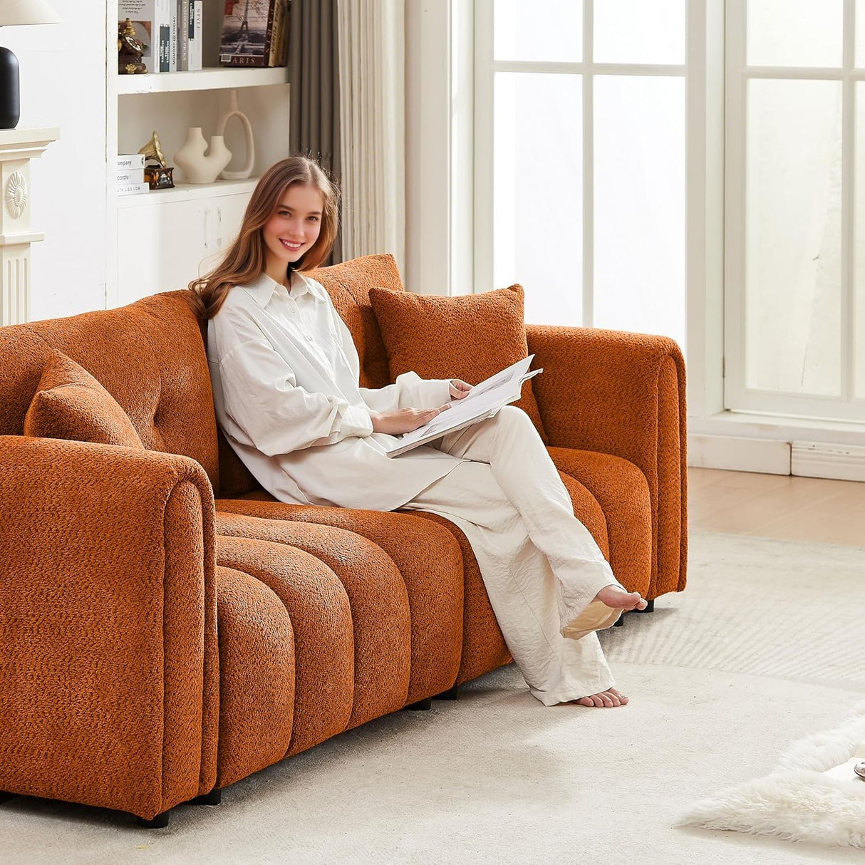 91.5" Modern Boucle Sofa with Deep Seat, 3 Seater Comfy Sherpa Cloud Couch, Oversized Loveseat Mid-Century Modern Tufted Couches for Living Room Apartment Lounge, Orange Elevyoliv