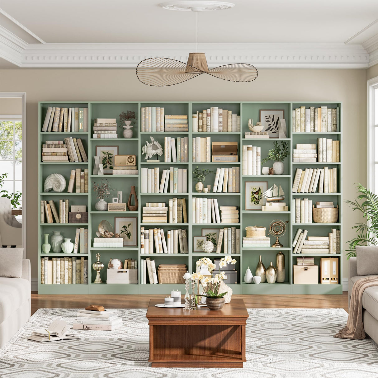 FACBOTALL Triple Wide Bookshelf, 6 Tier Large Bookshelf, Bookcase with 17 Open Display Shelves, 74'' Tall Bookcases and Bookshelves for Living Room, Home Office, Library, Green FACBOTALL