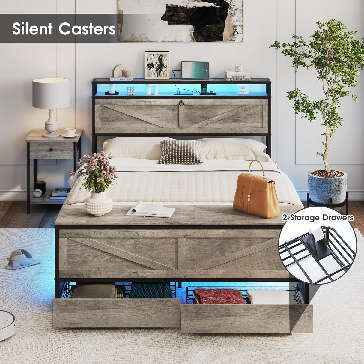 Fameill Queen Size Bed Frame with Storage Ottoman and 2 Drawers, Farmhouse Metal Platform Bed with Headboard, LED Lights and Charging Station, No Box Spring Needed, Noise Free, Gray Fameill