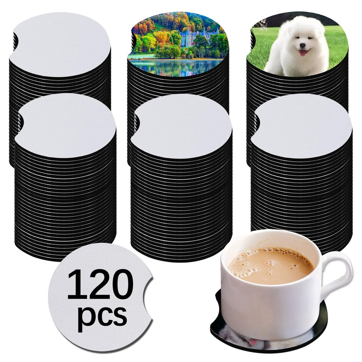 120 PCS Sublimation Coasters Blanks Bulk, 2.75 in Circular Opening Blanks Sublimation Car Coasters for Sublimation DIY Crafts Painting Heat Transfer OKBA