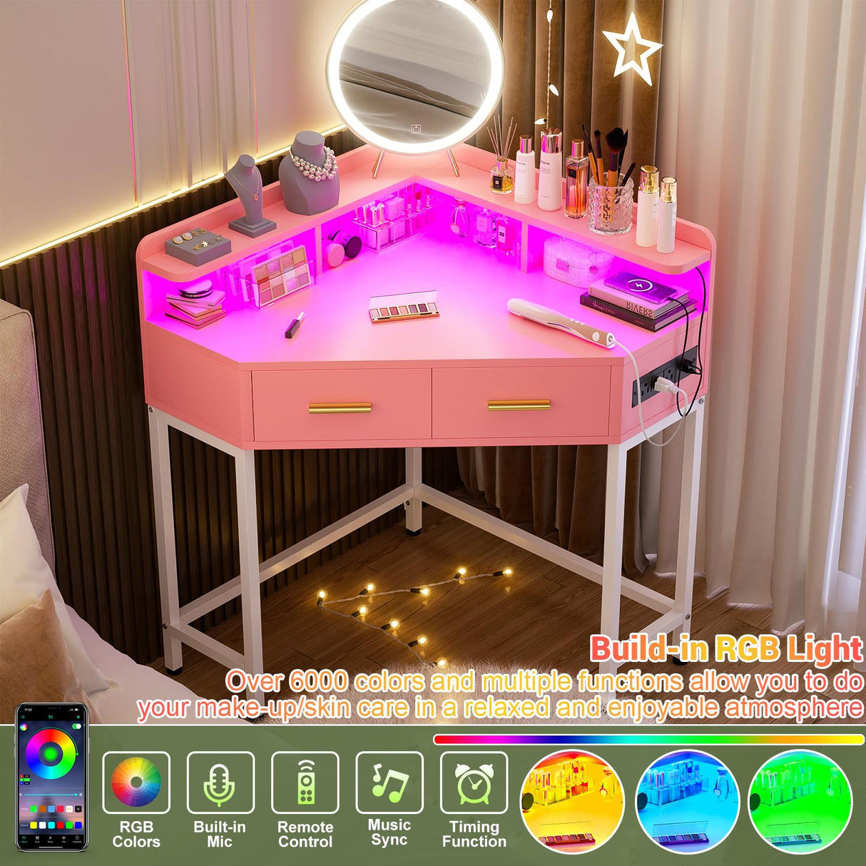 Cyclysio Corner Vanity Desk Without Mirror, Makeup Vanity Table with Lights & Power Outlets, Small Corner Vanity with Drawers for Bedroom,Small Spaces, Pink Cyclysio