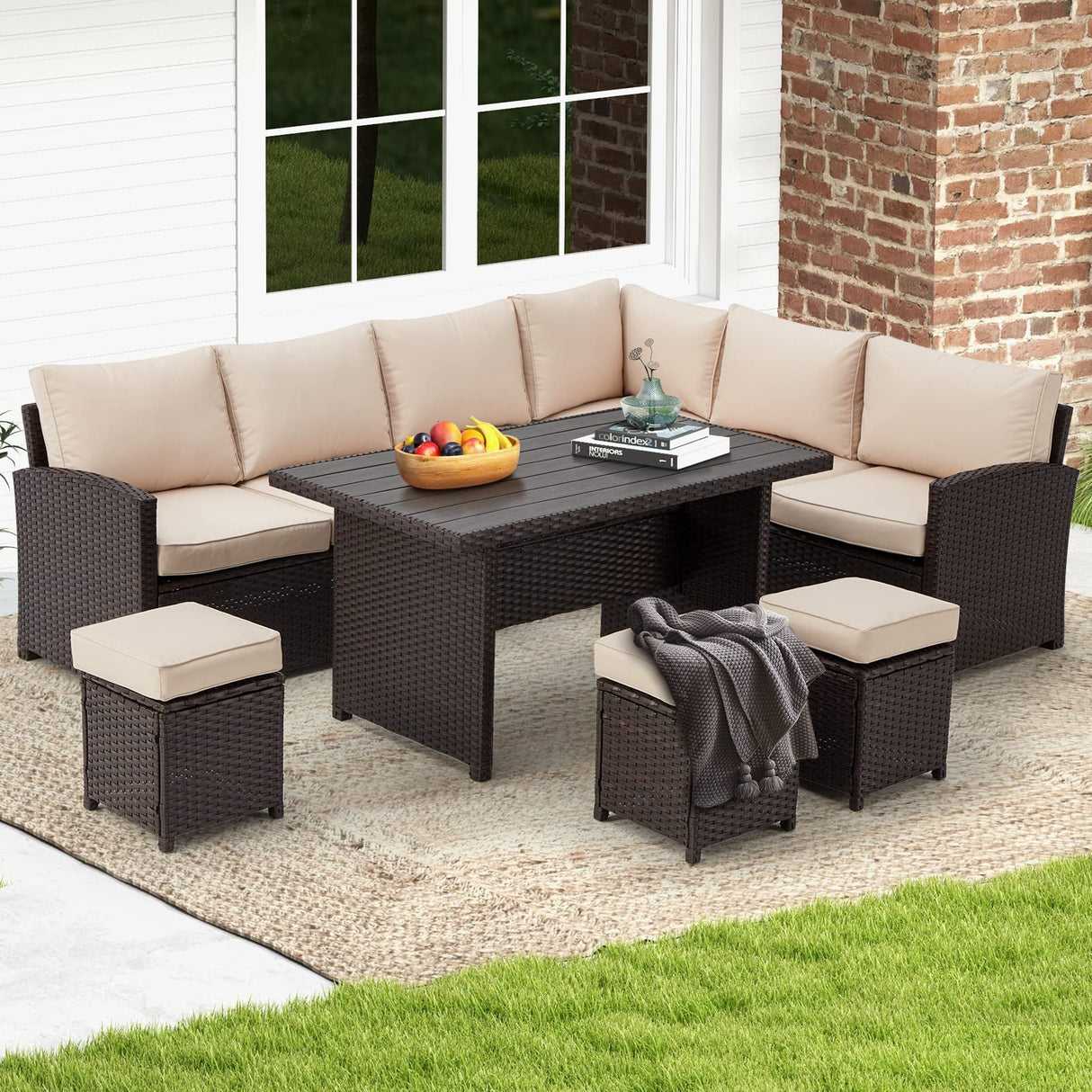 U-MAX 7 Pieces Patio Furniture Set Outdoor Sectional Sofa Conversation Set All Weather Wicker Rattan Couch Dining Table & Chair with Ottoman, Khaki Cushion U-MAX