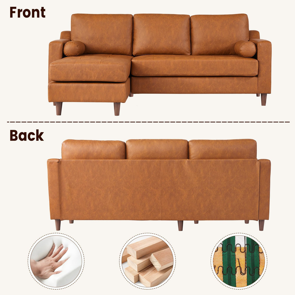 GarveeHome 88.9 in Leather L-Shape Sofa with Convertible Chaise, Modern Mid-Century Sofa for Living Room, 3 Seat Comfy Leather Couch with Deep Seat, Cognac Tan GarveeHome