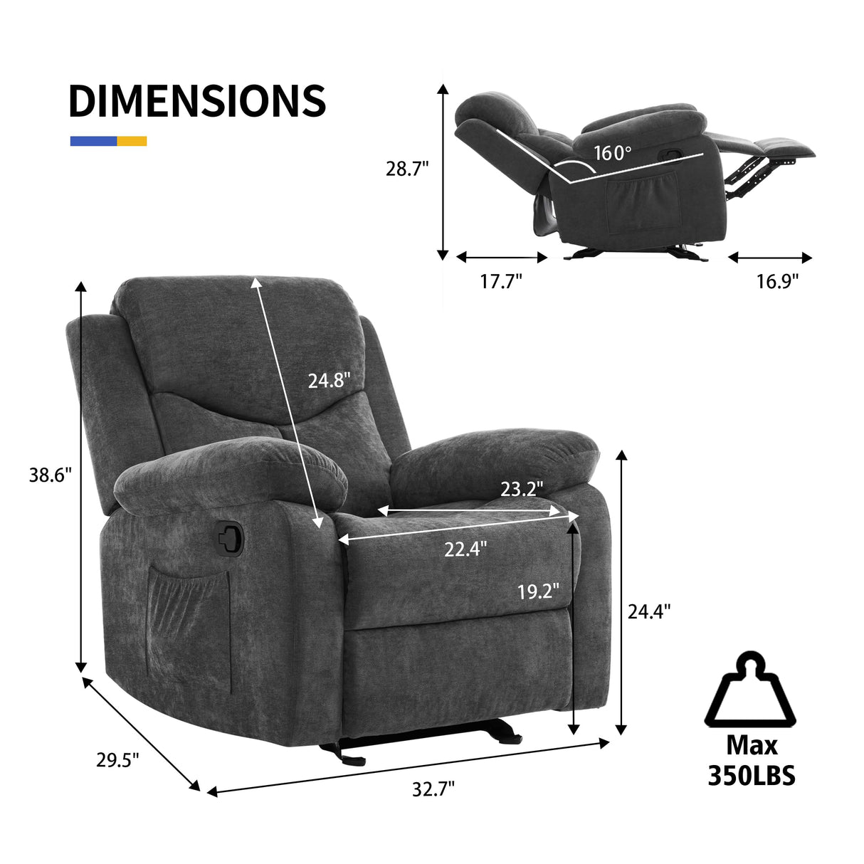 Sftaiyou Manual Rocker Recliner Massage Chair for Adults,Overstuffed Glider Rocking Recliner Fabric Chair for Living Room,Upholstered Soft Reclining Chair with Side Pocket (Dark Grey) Sftaiyou