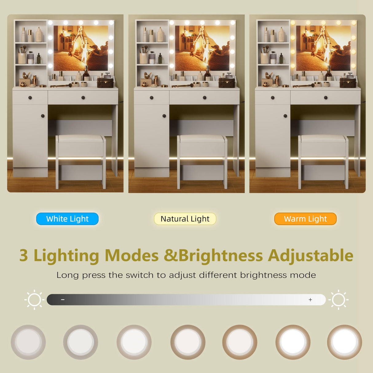 Esmlada Makeup Vanity Desk with Mirror and Lights, White Vanity Table and Chair Set with Power Outlets, 2 Drawers and 1 Cabinet for Girls Bedroom Esmlada