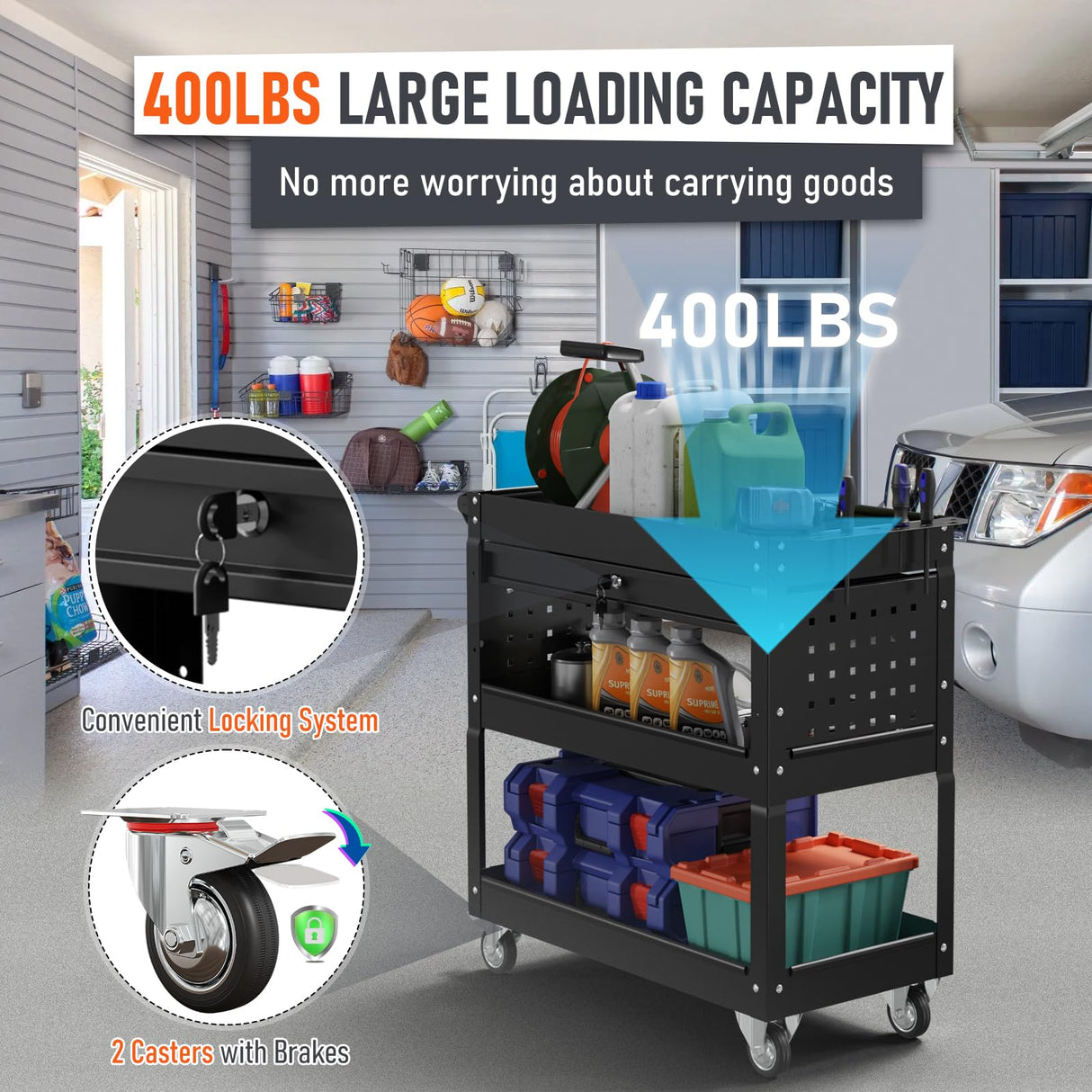 Kieperi 3 Tier Rolling Tool Cart, Rolling Tool Chest on Wheels for Mechanics,400 LBS Tool Cart with Drawers for Garage, Warehouse & Repair Shop (Black) Kieperi