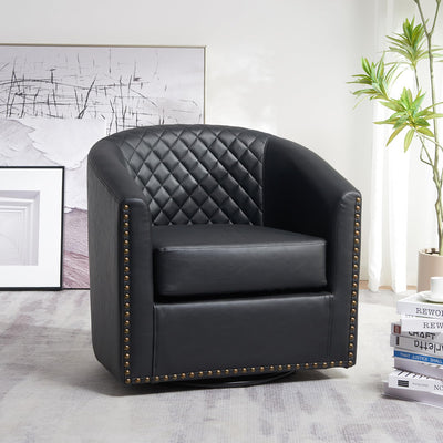 KINWELL 29" Wide Tufted Faux Leather Swivel Barrel Chair, PU Leather Modern Upholstered Accent Chairs with Nailhead Trim, Small Armchair for Living Room Bedroom, Black