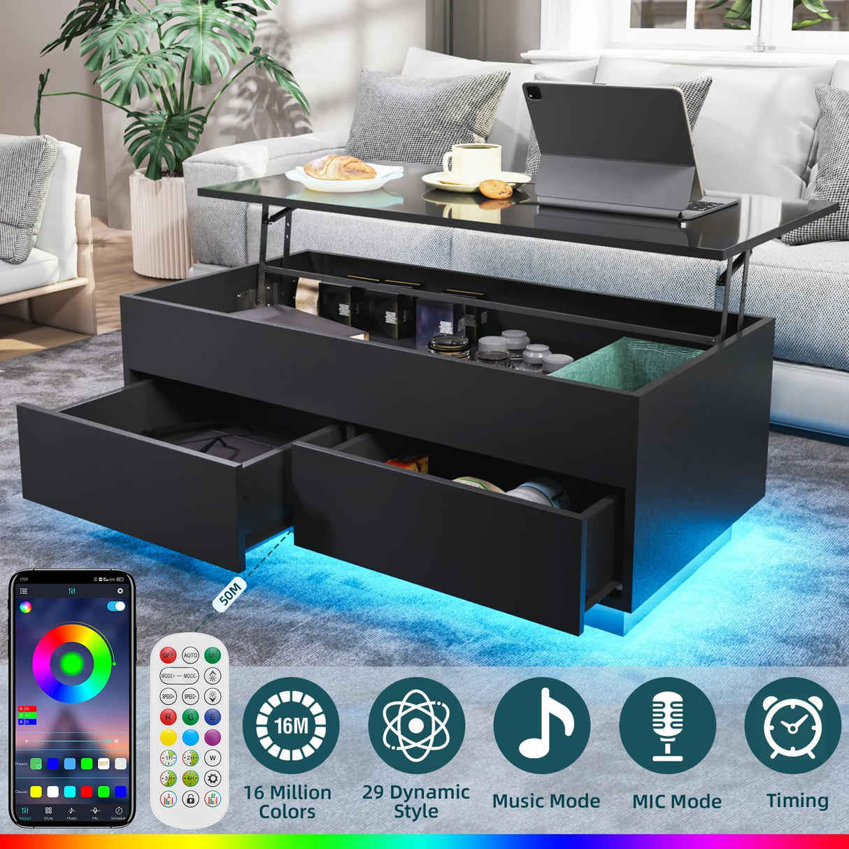 HOMMPA Lift Top Coffee Table with LED Light Morden Coffee Table with Storage High Gloss Black Coffee Table for Living Room Tea Table with Storage Center Tables Hidden Compartment & 2 Drawers HOMMPA