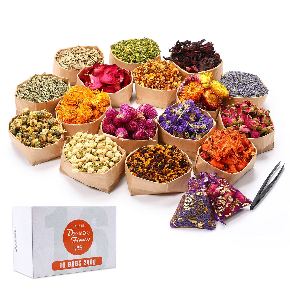 15g/Bag Dried Flowers,100% Natural Dried Flowers Herbs Kit for Soap Making, DIY Candle Making,Bath - Include Rose Petals,Lavender,Don't Forget Me,Lilium,Jasmine,Rosebudsand More(16 Bags) SACATR