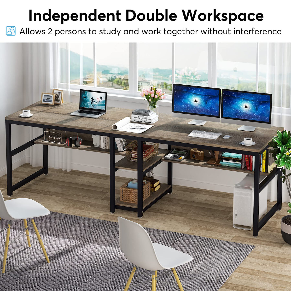 Tribesigns Two Person Desk with Bookshelf, 78.7 Computer Office Double Desk for Two Person, Rustic Writing Desk Workstation with Shelf for Home Office (Grey) Tribesigns