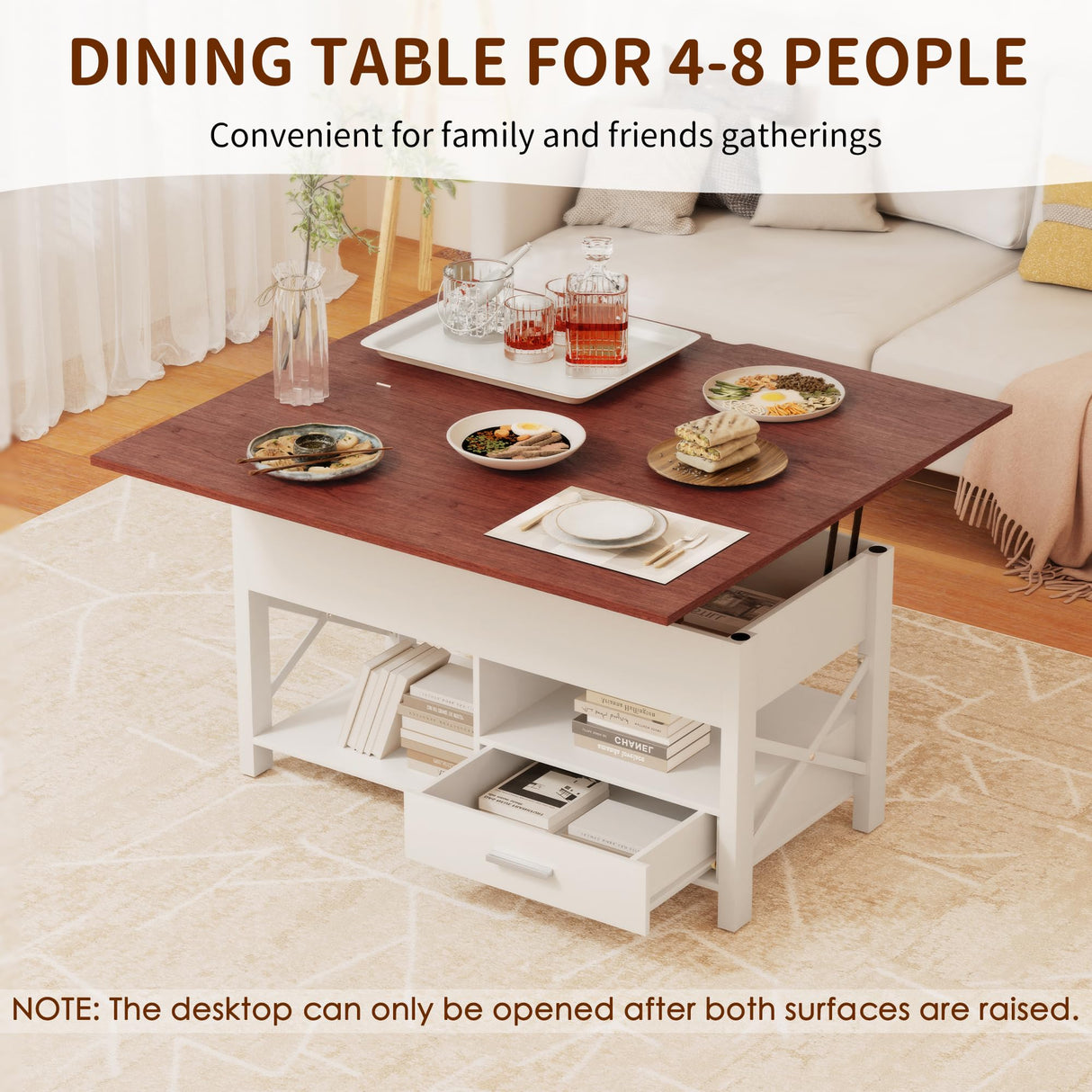 Coffee Table wth Lifting Top, Convertible Lift Top Coffee Table with Storage Drawer and Hidden Compartment, Farmhouse Lift Up Coffee Tables Converts to Dining Table for Living Room, Home Office, White VLOJELRY