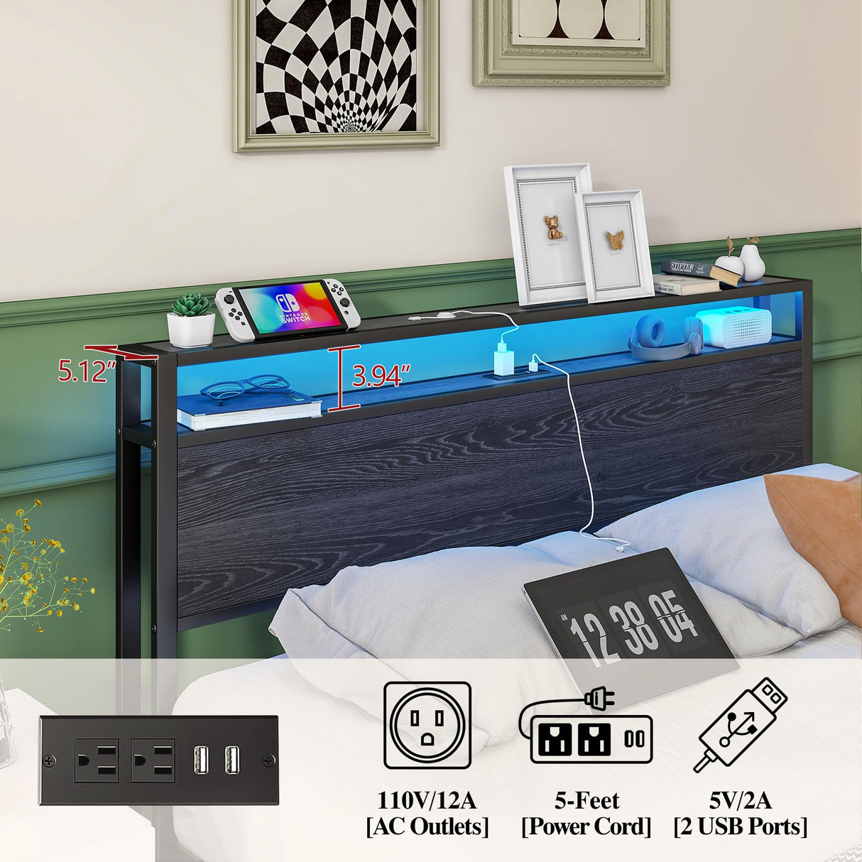 BOFENG Queen Metal Bed Frame with Storage Headboard, LED Lights & Charging Station BOFENG