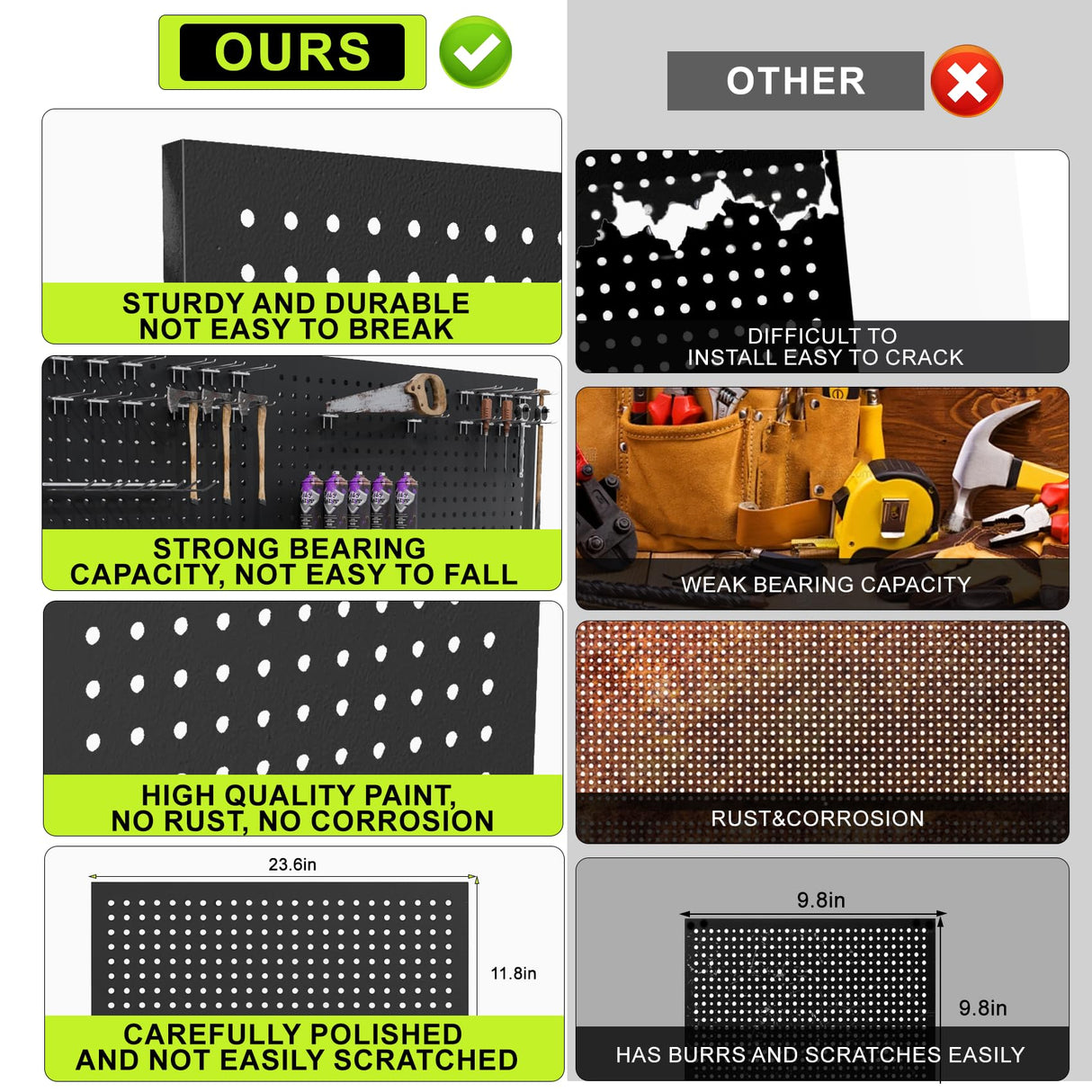 4 Pack Metal Pegboard Panels 24" x 12" Black Heavy Duty Steel Pegboard Wall Organizer, Garage Utility Tools Pegboard Storage System for Workbench, Shop, Shed Modular Peg Board Organizer Board Kit Chinrose