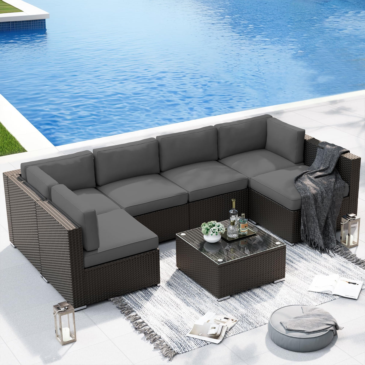 SUNCROWN 7-Piece Outdoor Patio Furniture Sofa Set All-Weather Black Wicker Sectional Conversation Set with Modern Glass Coffee Table and Cushions, Backyard, Garden, Poolside, Grey SUNCROWN