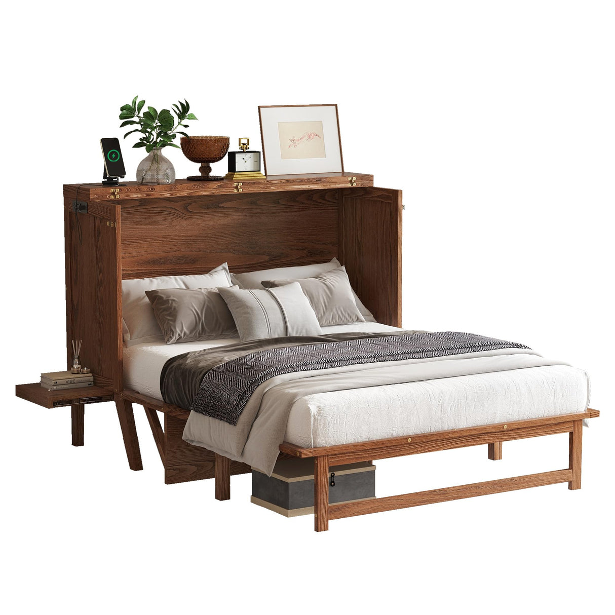 KALALLA Full Size Murphy Cabinet Bed with Desk Combo and 2 Removable Shelves, USB Charging Station, Murphy Chest Dresser Foldable Bed, Space Saving for Small Space - Walnut KALALLA