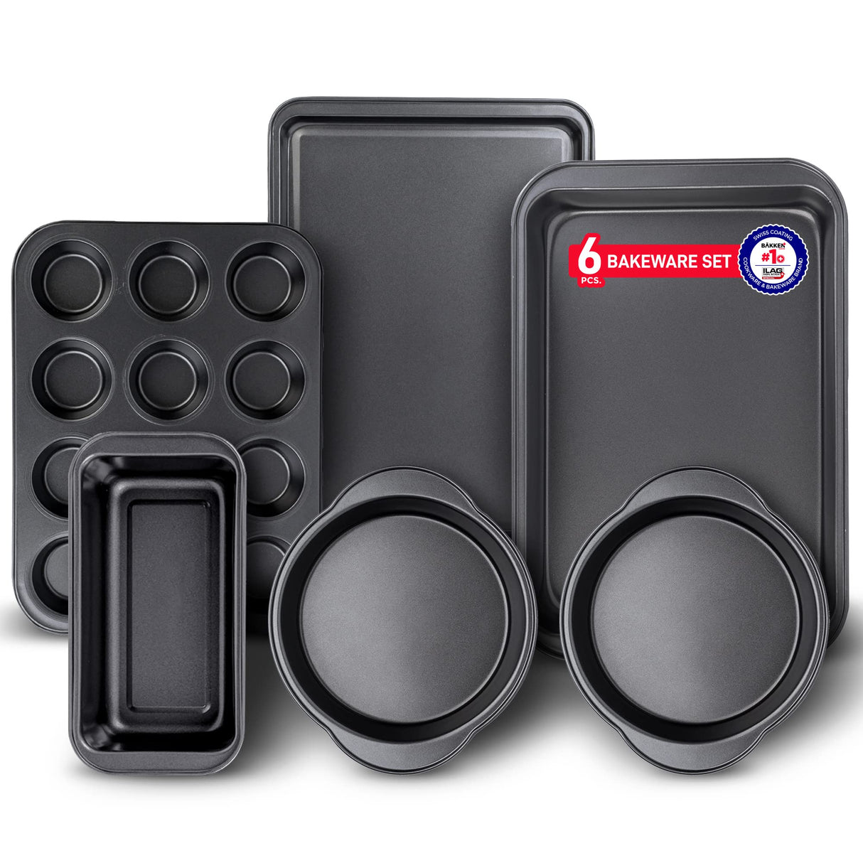 Baking Set – 6 Piece – Deluxe Non Stick Black Coating Inside and Outside – Carbon Steel Bakeware Set – PFOA PFOS and PTFE Free by Bakken Bakken- Swiss
