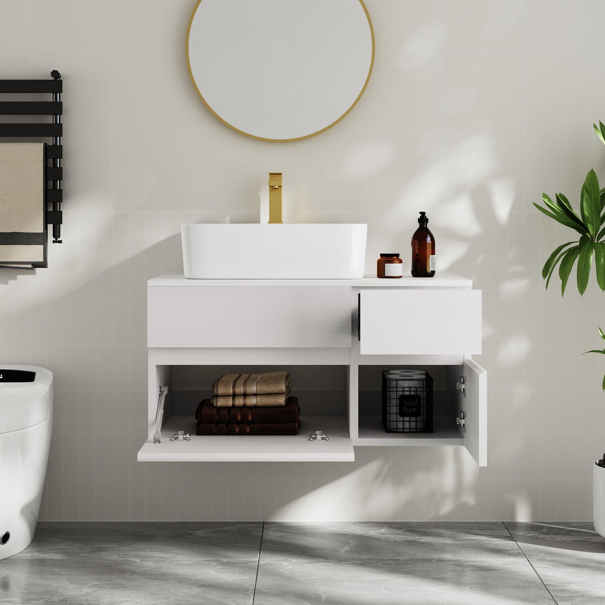 Weibath Floating Wall-mounted Bathroom Vanity Faux Marble Top with Ceramic Vessel Sink (White, 31.5"W x 15.8"D x 16.5"H) Weibath