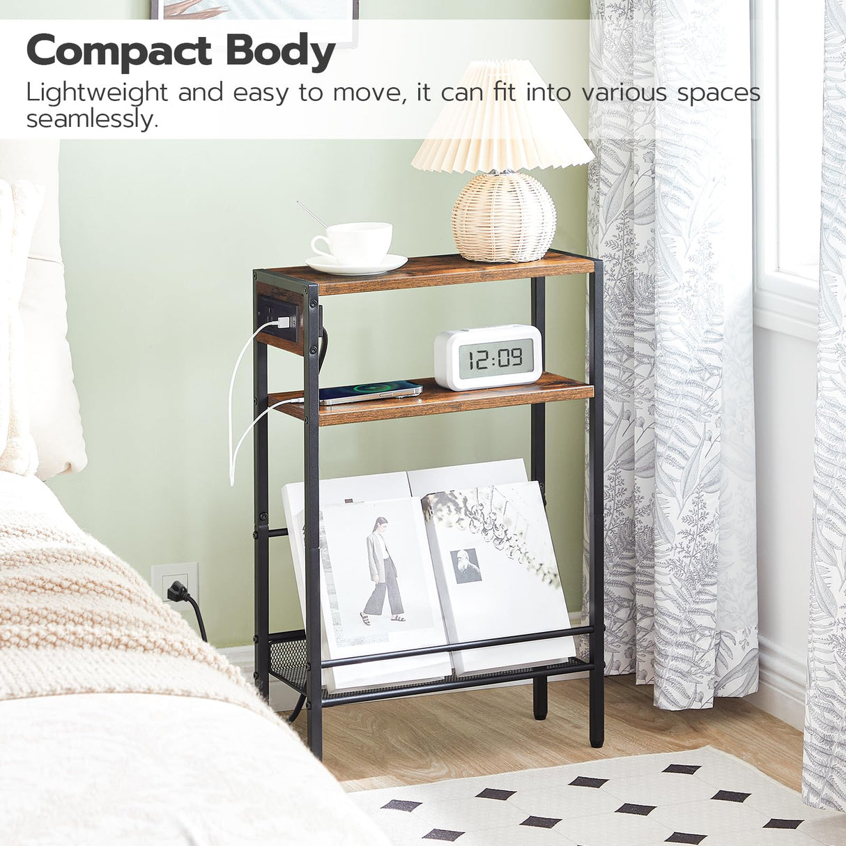 HOOBRO Small Narrow Side Table with Charging Station, Skinny End Table for Small Spaces, Slim Nightstand with USB Ports Outlet, Sofa Beside Table with Storage Shelf, Rustic Brown and Black BF102UBZ01 HOOBRO