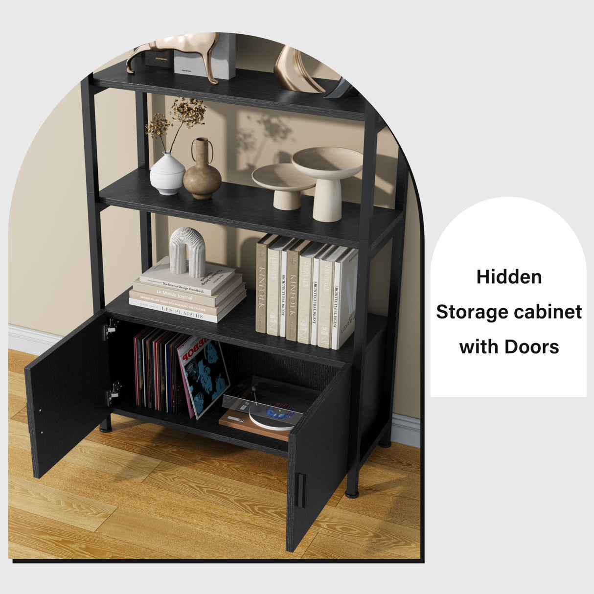 Semoic Arched Bookshelf with Drawers, 71" Tall Industrial Bookcase with Sturdy Metal Frame, Freestanding Display Shelving Unit, Geometric Book Shelf for Lving Room, Home Office, Black Semoic
