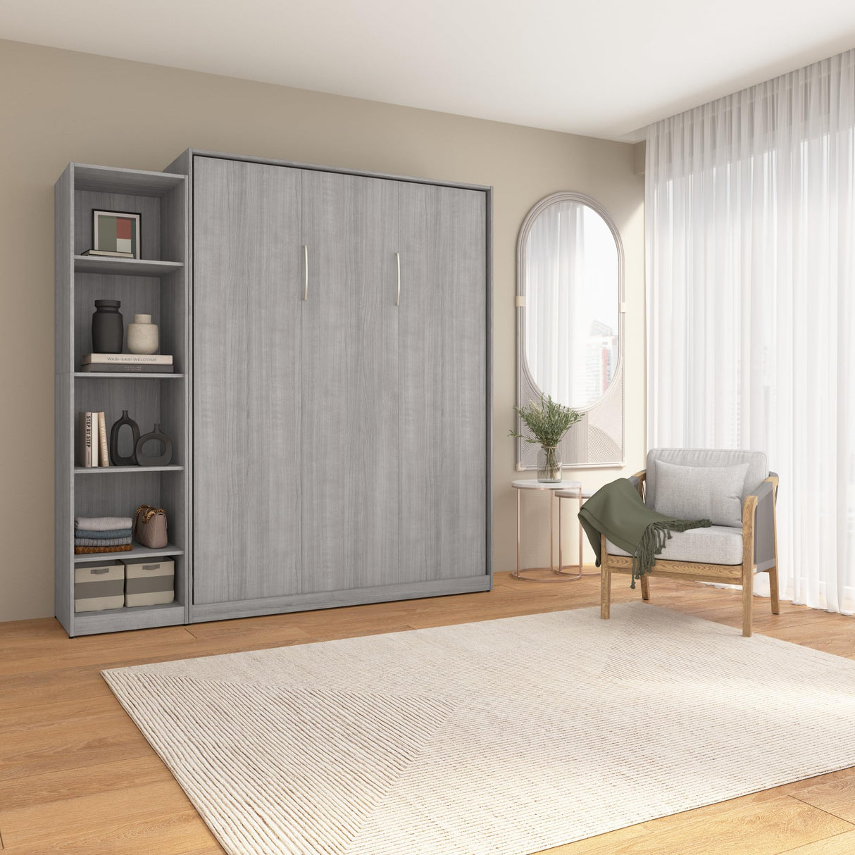 Bestar Claremont Queen Murphy Bed with Closet Organizer (85W) in Platinum Gray, Space-Saving Sleeping Arrangement for Multipurpose Room Bestar