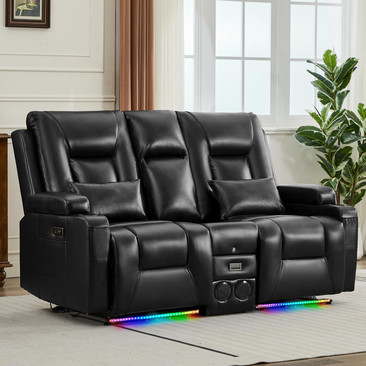 URRED Power Loveseat Recliner Sofa with Flipped Backrest Console, Wall Hugger RV Reclining Loveseat Sofa Couch with LED Light/Bluetooth Speakers/USB/Outlets/Cup Holders/Pillow/Side Pocket, Black URRED
