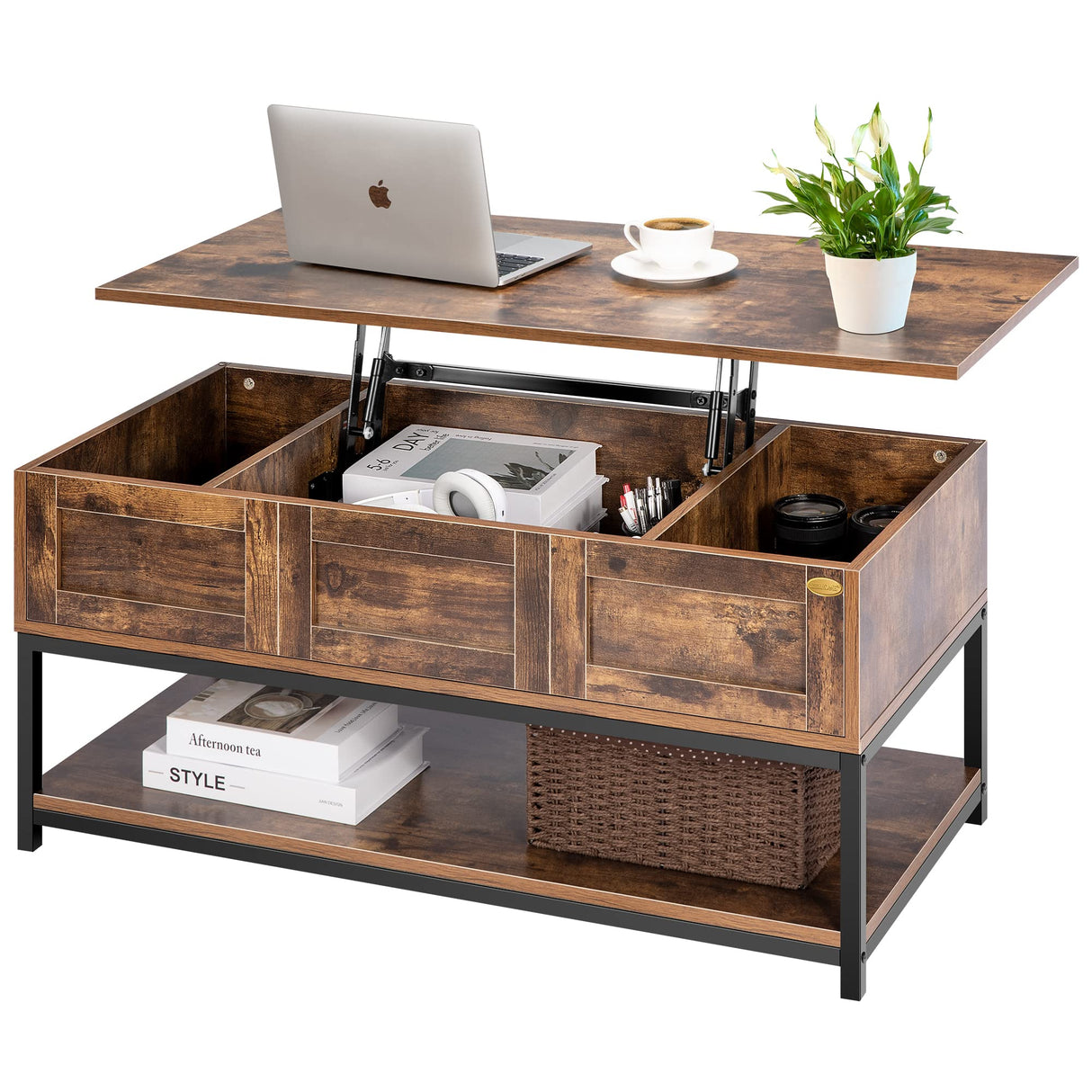 VIVOHOME Lift Top Coffee Table with Steel Frame, Dining Table with Open Storage and Hidden Compartment, Suitable for Living Room, Office, Small Apartment, Rustic Brown VIVOHOME
