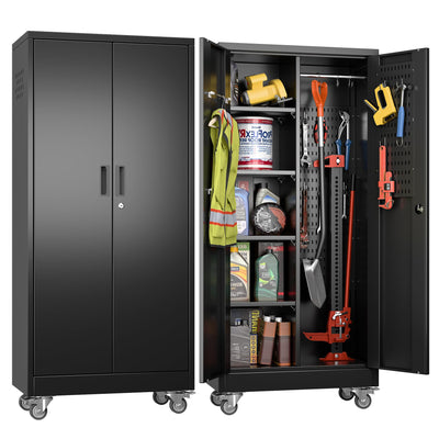 61.7"H Metal Garage Storage Cabinet with Wheels and Hanging Rod,Broom Closet Storage Cabinet with Pegboard and 4 Adjustable Shelves with 120LBS for Garage Home Office School,Required Assembly,Black