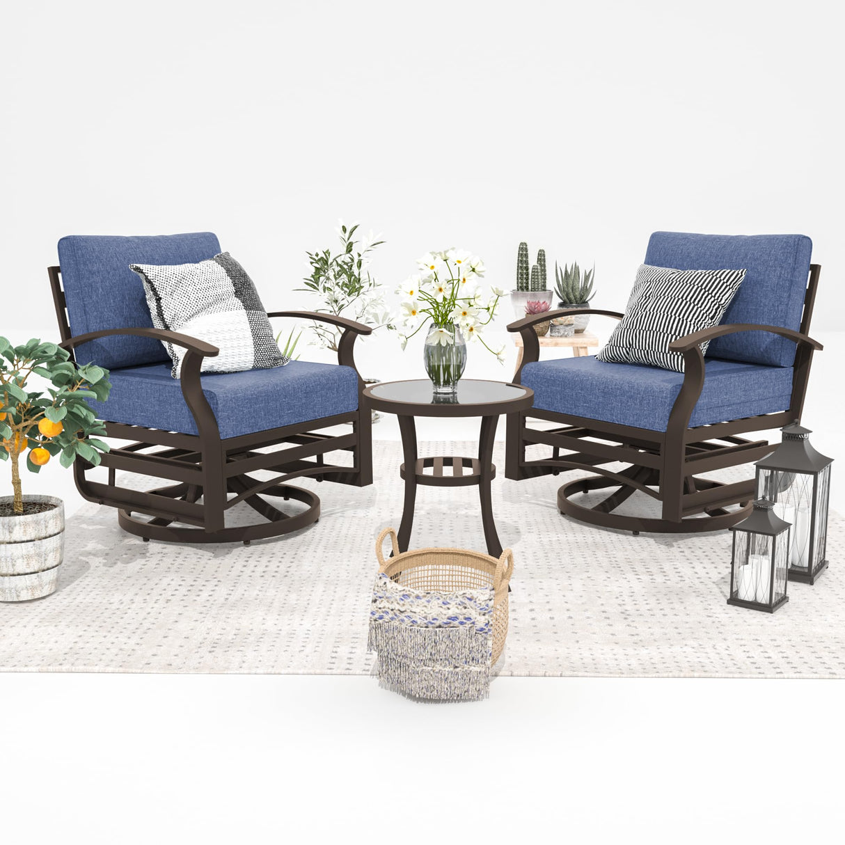 ALAULM Aluminum Patio Furniture Set with 2 Swivel Chairs 7-seat Metal Outdoor Furniture Patio Sectional Sofas Patio Conversation Set w/5.1" Cushions for Patio, Backyard, Poolside-Dark Blue ALAULM