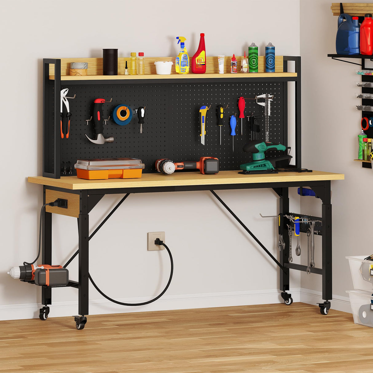 YITAHOME 60" Adjustable Workbench with Pegboard, Wheels & 1600 LB Capacity, Rolling Work Table with AC/USB Outlets, Hooks, and Rack, Heavy-Duty Work Bench for Garage, Workshop, Office, or Home YITAHOME