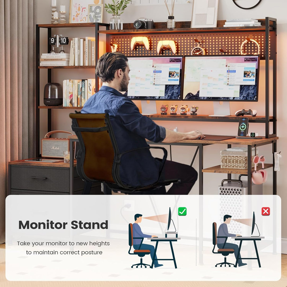 UPOSOJA Gaming Desk with Hutch, 65in Reversible Computer Desk with Power Outlets LED Light, Home Office Desk with Monitor Stand 2 Drawers 4 Storage Shelves Pegboard 8 Hooks Mouse Pad (Brown) UPOSOJA